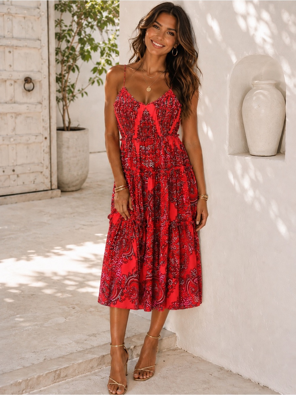 NWT BANANA REPUBLIC Paisley Strappy Midi Dress In "Fire Coral" Size 8